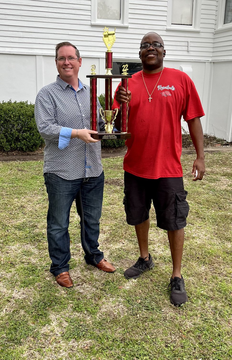 Brookshire Position 5 Alderman Jeremiah Hill poses with Byron Keener, overall champion of the Brookshire Christmas Festival BBQ cook off.